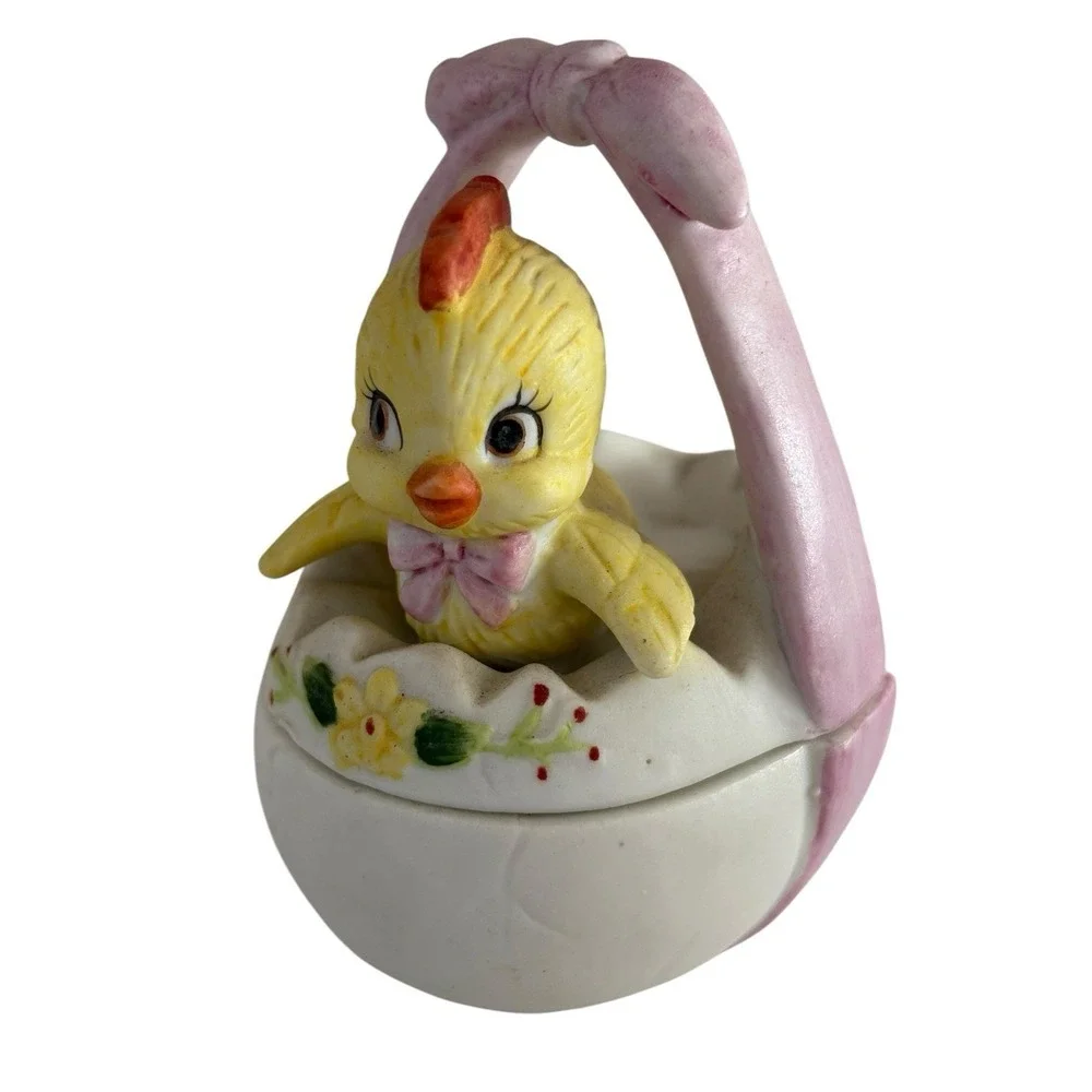 Vintage Lefton Chick In Egg Bow Trinket Box